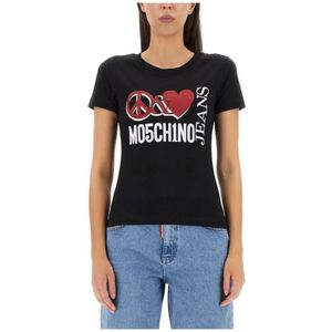 Moschino, Tops, Dames, Zwart, M, Peace & Love Logo Print Tee