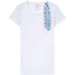 Emilio Pucci, Tops, Dames, Wit, S, Katoen, Witte Jersey T-shirt met Lintdetail