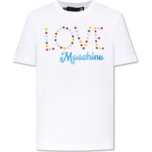 Love Moschino, Tops, Dames, Wit, S, Katoen, Multicolor Applicatie Katoenen T-shirt