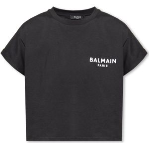 Balmain, Tops, Dames, Zwart, XS, Katoen, Cropped T-shirt met logo