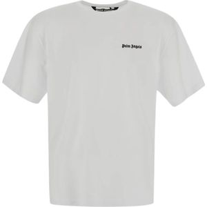 Palm Angels, Tops, Heren, Wit, S, Katoen, Geborduurd Logo Slim Fit T-shirt
