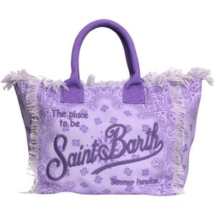 MC2 Saint Barth, Tassen, Dames, Paars, ONE Size, Katoen, Fringed Print Tote Tas Emb