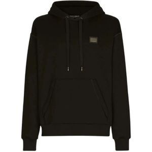 Dolce & Gabbana, Sweatshirts & Hoodies, Heren, Zwart, XL, Katoen, Zwarte Katoenen Hoodie met Metalen Logo Plaat