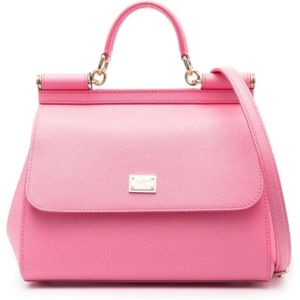 Dolce & Gabbana, Tassen, Dames, Roze, ONE Size, Leer, Roze Sicily Top Handle Tote Tas