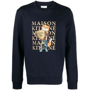 Maison Kitsuné, Sweatshirts & Hoodies, Heren, Blauw, L, Blauwe Sweatshirt met Logo Print