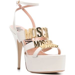 Moschino, Schoenen, Dames, Beige, 36 EU, Leer, Beige Sandalen met Hoge Hak en Logo Motief