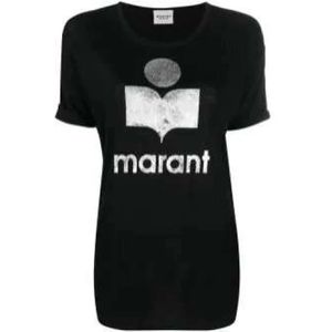 Isabel Marant Étoile, Tops, Dames, Zwart, S, Linnen, Logo Print Linnen T-Shirt