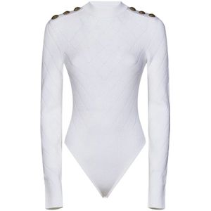 Balmain, Tops, Dames, Wit, M, Polyester, Witte Geribbelde Gebreide Bodysuit met Uitsnede aan de Achterkant