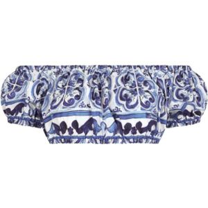 Dolce & Gabbana, Tops, Dames, Blauw, S, Katoen, Gedrukte Majolica Katoenen Poplin Crop Top