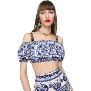 Dolce & Gabbana, Tops, Dames, Blauw, M, Katoen, Gedrukte Majolica Katoenen Poplin Crop Top