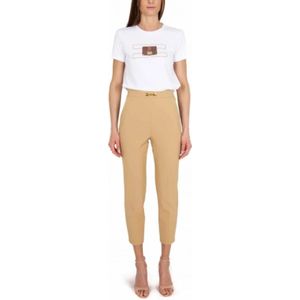 Elisabetta Franchi, Broeken, Dames, Beige, L, Polyester, Cigarette Broek met Logo Klem