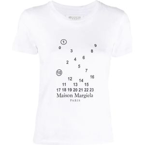 Maison Margiela, Numeric Logo Crewneck T-shirts en Polos Wit, Dames, Maat:XS