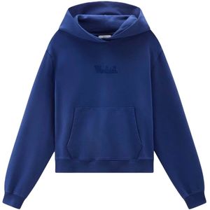 Woolrich, Logo Hoodie in Katoen Fleece Blauw, Dames, Maat:S