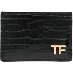 Tom Ford, Zwarte krokodillenprint portemonnee met goudkleurig logo Zwart, Heren, Maat:ONE Size