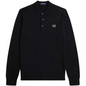 Fred Perry, Lange Mouw Gebreide Polo Zwart, Heren, Maat:S