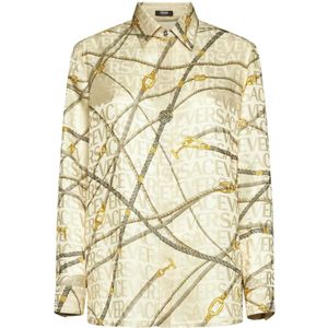 Versace, Blouses & Shirts, Dames, Veelkleurig, S, Satijn, Satin Jacquard Logo Print Overhemd