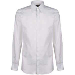 Dolce & Gabbana, Overhemden, Heren, Wit, M, Katoen, Witte Bloemen Jacquard Katoenen Overhemd
