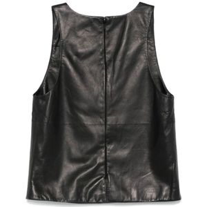 Saint Laurent, Tops, Dames, Zwart, L, Leer, Zwarte Leren Mouwloze Top