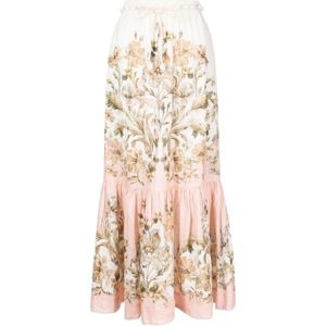 Zimmermann, Bloemenprint Linnen Midi Rok Roze, Dames, Maat:L