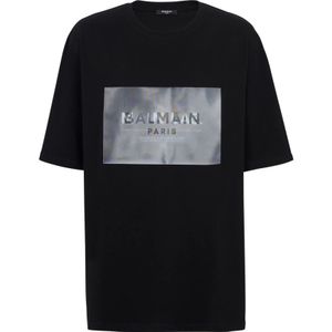 Balmain, Tops, Heren, Zwart, XL, Katoen, Main Lab hologram T-shirt