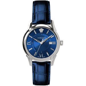 Versace, Apollo Swiss Made Leren Band Horloge Blauw, Heren, Maat:ONE Size