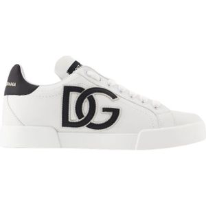 Dolce & Gabbana, Schoenen, Dames, Wit, 39 EU, Leer, Logo-Print Sneakers - Leer - Zwart/Wit