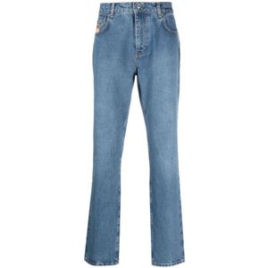 Moschino, Jeans, Heren, Blauw, M, Katoen, Leo Teddy-print Straight-leg Jeans