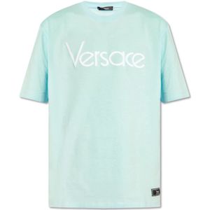 Versace, Tops, Heren, Blauw, M, Katoen, T-shirt met logo