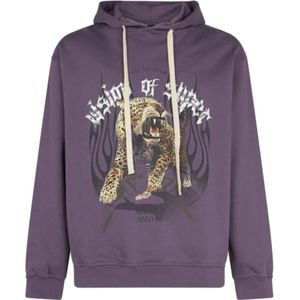 Vision OF Super, Rock Tiger Print Hoodie - Lichtgewicht Heren Streetwear Paars, Heren, Maat:XL