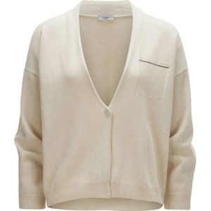 Peserico, Crèmekleurige Cardigan voor Dames met Iridescente Kettingdetail Beige, Dames, Maat:M