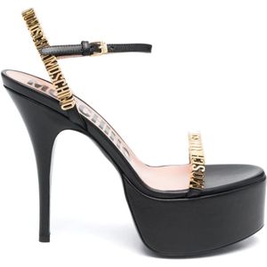 Moschino, Zwarte hoge hak sandalen met gouden logo plaatje Zwart, Dames, Maat:37 EU