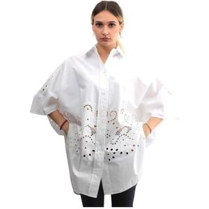 Liviana Conti, Blouses & Shirts, Dames, Wit, M, Katoen, Wit Overhemd met 3/4 Mouwen Borduurwerk