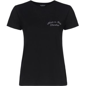 Dondup, Zwarte Katoenen T-shirt Ronde Kraag Korte Mouwen Zwart, Dames, Maat:L