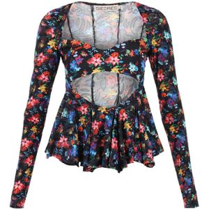 Siedrés, Florale Jacquard Velvet Longsleeve Top met Uitsnijding Zwart, Dames, Maat:S