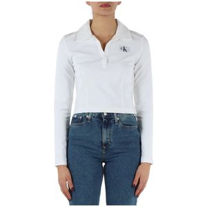 Calvin Klein Jeans, Logo Patch V-Hals Polo van Viscose Mix Wit, Dames, Maat:XS