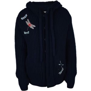Valentino Garavani, Sweatshirts & Hoodies, Heren, Blauw, M, Wol, Donkerblauwe wollen vest met capuchon en libelle borduursel