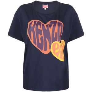 Kenzo, Tops, Dames, Blauw, S, Katoen, Grafische Print Katoenen T-Shirt