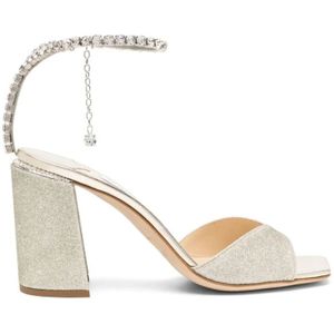 Jimmy Choo, Goudkleurige Sandalen met Kristallen Versiering en Blokhak Geel, Dames, Maat:38 EU