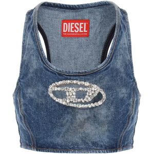 Diesel, Denim Crop Top met Juweelgesp Blauw, Dames, Maat:M