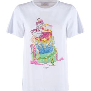 Nenette, Tops, Dames, Wit, L, Katoen, Korte Mouw Box Print T-shirt