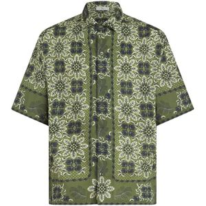 Etro, Overhemden, Heren, Veelkleurig, XL, Katoen, Groen Medaillon Print Bowling Shirt