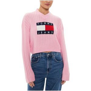Tommy Jeans, Truien, Dames, Roze, XS, Polyester, Center Flag Sweater Herfst/Winter Collectie