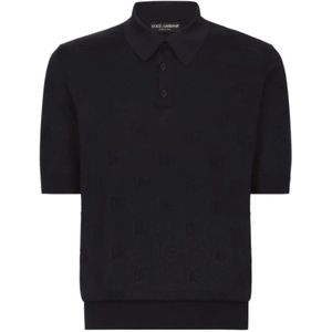 Dolce & Gabbana, Tops, Heren, Blauw, M, Zijden Polo Shirt met Ton-sur-Ton Logo Borduursel