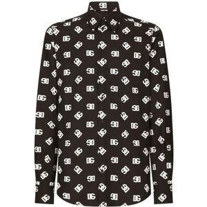 Dolce & Gabbana, Overhemden, Heren, Zwart, M, Katoen, Logo Print Zwarte Overhemd