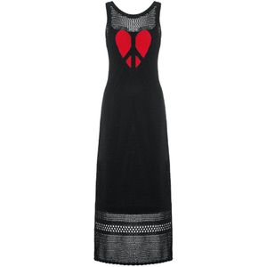 Moschino, Geperforeerde Gebreide Jurk met Peace & Love Borduursel Zwart, Dames, Maat:S