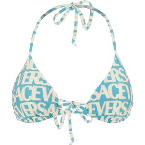 Versace, Metallic-Trimmed Allover Bikini Top Blauw, Dames, Maat:S