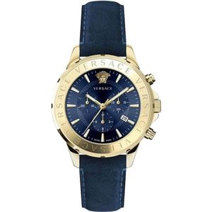 Versace, Accessoires, Heren, Geel, ONE Size, Blauw Leren Band Kwarts Horloge