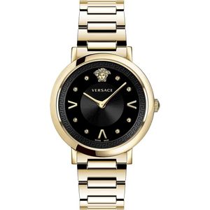 Versace, Accessoires, Dames, Geel, ONE Size, Chique Goud Stalen Armband Zwart Horloge