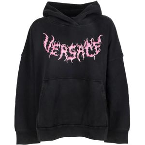Versace, Zwarte hoodie - Regular Fit - 100% katoen Zwart, Dames, Maat:2XS