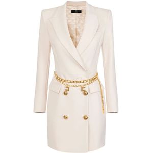 Elisabetta Franchi, Kleedjes, Dames, Wit, XL, Polyester, Witte Crêpe Jurk met Gouden Details